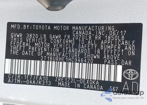 2017 Toyota Corolla L z USA, uszkodzony, nr VIN 2T1BURHE1HC946420